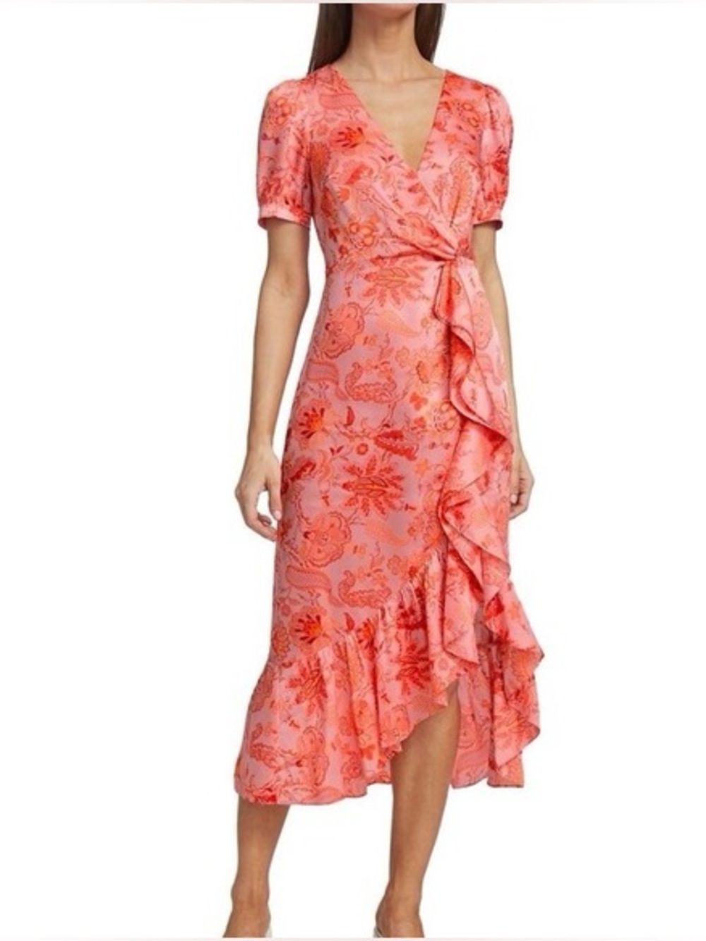 Cinq a Sept pink ref floral short sleeve Kay faux wrap midi ruffle dress size 6